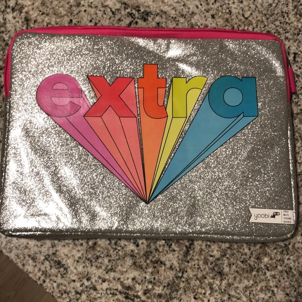 YOOBI Laptop Case In Metallic Silver Glitter With Rainbow Letters “Extra “